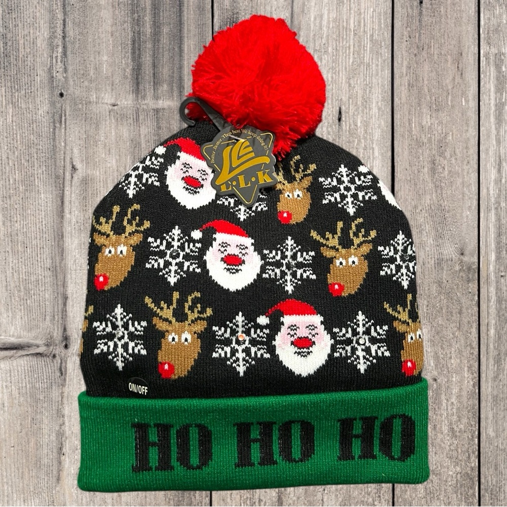 Holiday Knit Hat with Red Pom Pom and Green Trim
